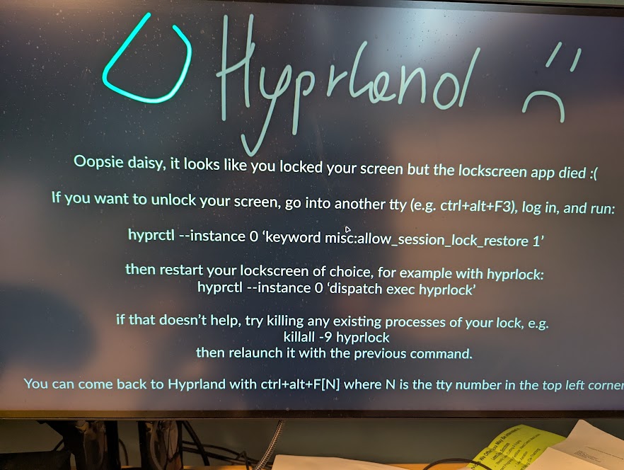 Hyprland fallback screen with recovery instructions